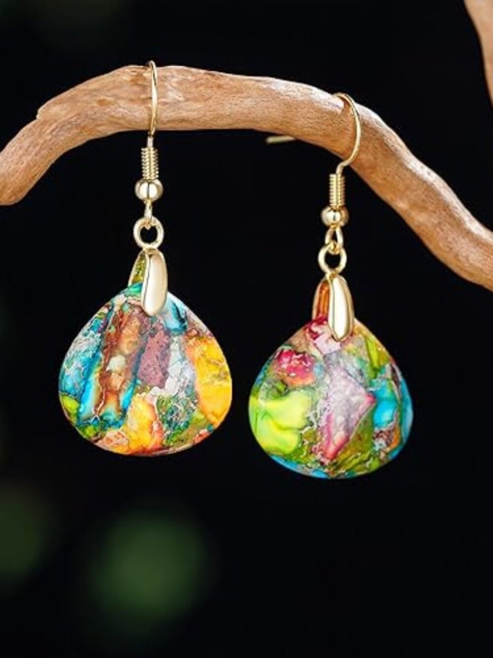 Natural Imperial Jasper Teardrop Dangle Earrings Boho Healing Crystal Statement